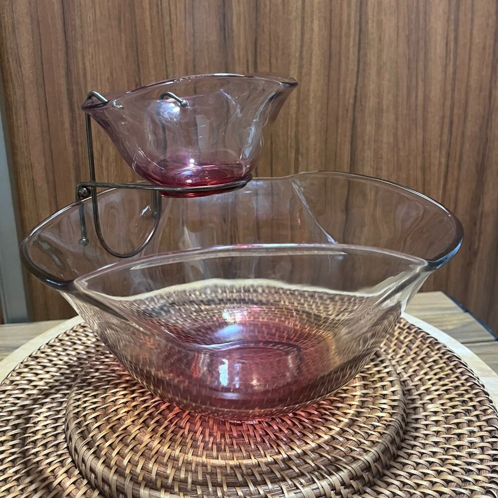 Vintage Anchor Hocking Cranberry Red Glass Chip & Dip Set MCM Brass Holder